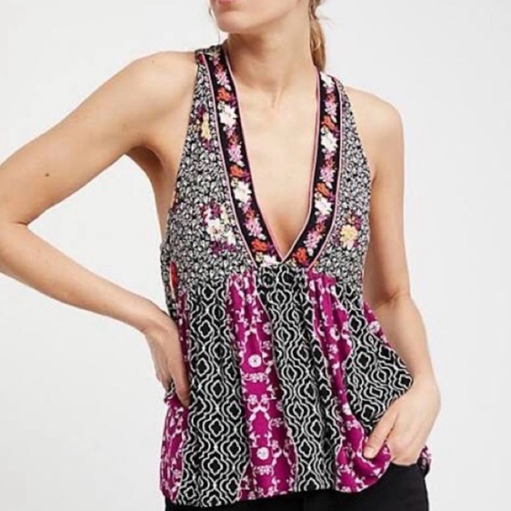 Free People Dream Darlin Black Floral Tank Top, XS